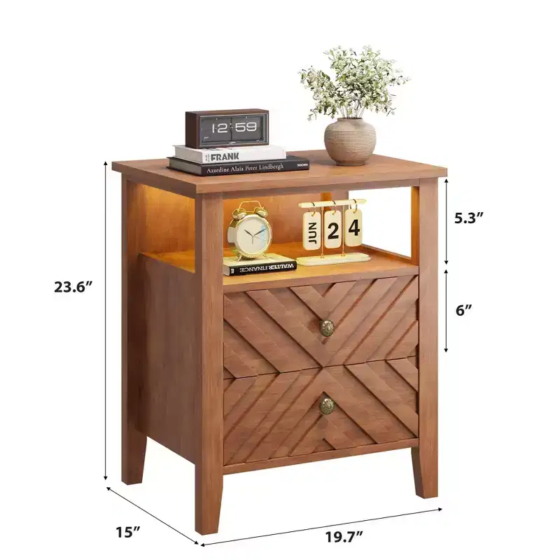 LED Night Stand with 2 Storage Drawers and Legs, Farmhouse Nightstand with Open Storage Shelf, Rustic Bedside Table for Bedroom Living Room