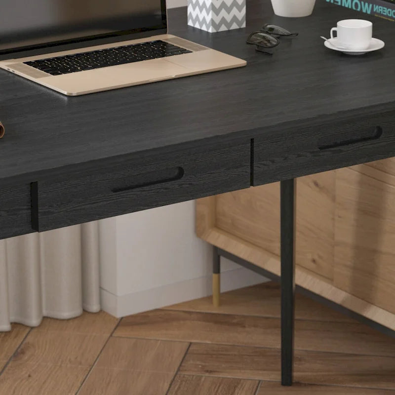 39.4 Inch Simple Writing Desk with Drawers and Solid Wood Legs