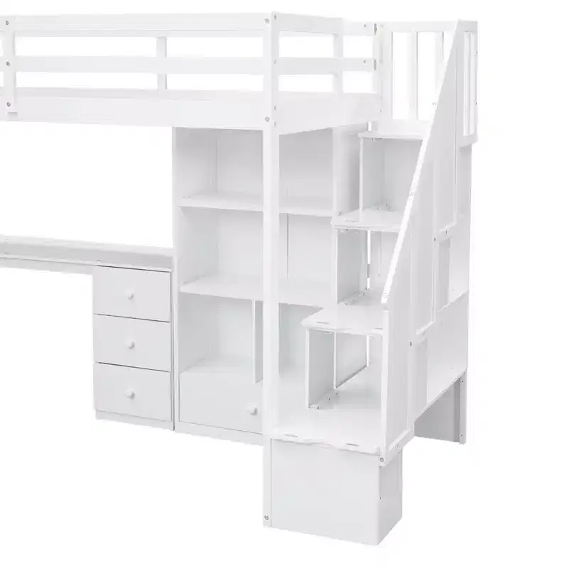 Twin Size Loft Bed with L-Shaped Desk, 3 Drawers, Cabinet, Staircase Storage, Solid Pine/MDF Build