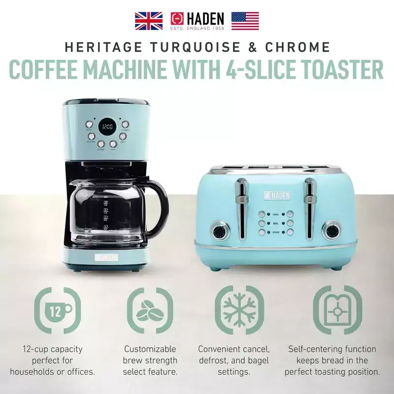 Haden 12 Cup Programmable Drip Coffee Maker Coffee Machine Bundled with Heritage 4 Slice Wide Slot Stainless Steel Toaster, Turquoise & Chrome