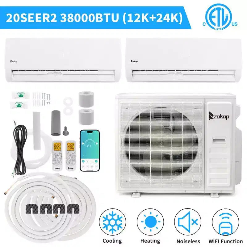 Karl Home 2-Zone 38000 BTU 20 SEER2 Mini Split Air Conditioner with Heat Pump (12K+24K)
