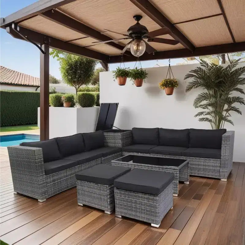 8 Piece Patio Sectional Furniture Sofa Set, Wicker Rattan Outdoor Conversation Sofa with Storage Box, for Balcony, Porch, Backyard, Deck
