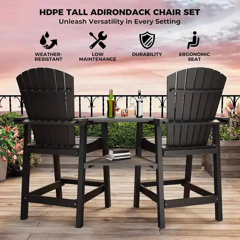 Acekool Recycled Poly Adirondack Barstool Set of 2 with Connecting Tray - Outdoor Bar Height Chairs for Patio & Deck