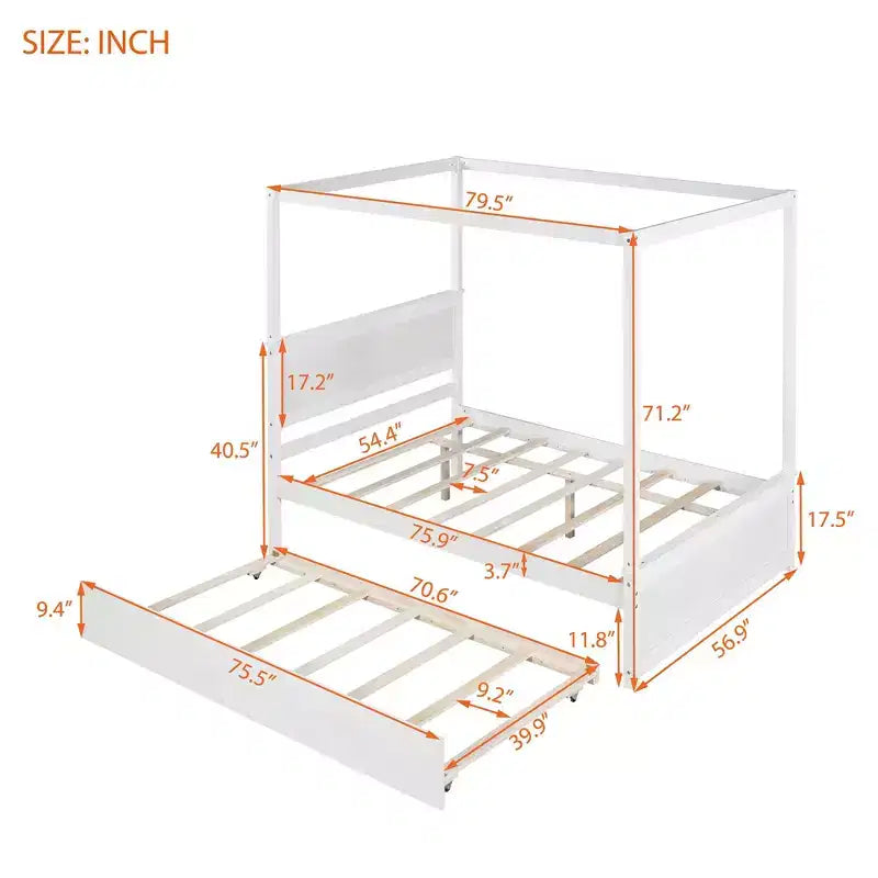 Wood Canopy Bed with Trundle Bed Full Size Canopy Platform bed With Support Slats No Box Spring Needed Brushed White