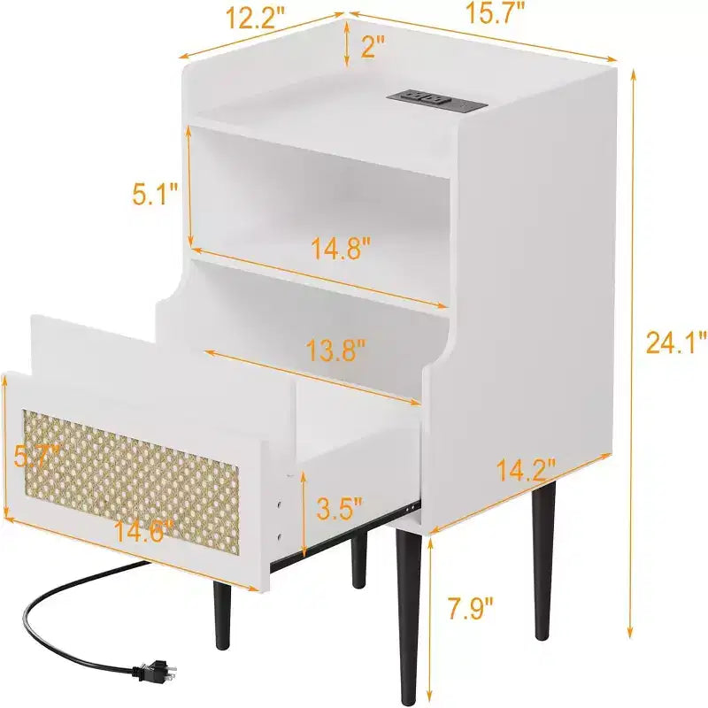 GustoWave Nightstands Set of 2, Natural Rattan End Table with Charging Station, with Drawer and Storage Shelf for Bedroom, White