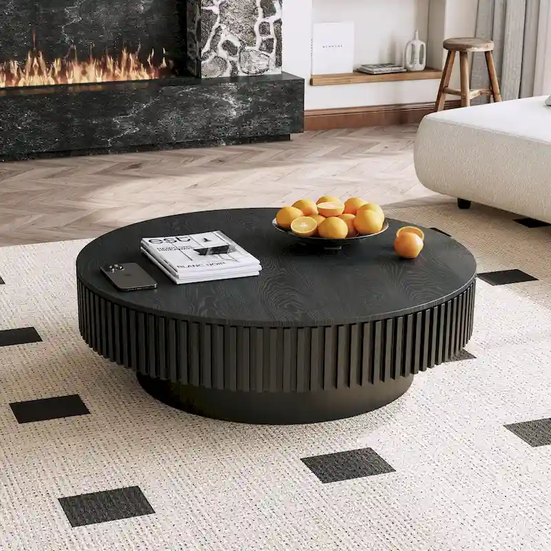 Modern Solid Wood Veneered Round Coffee Tea Table with Storage