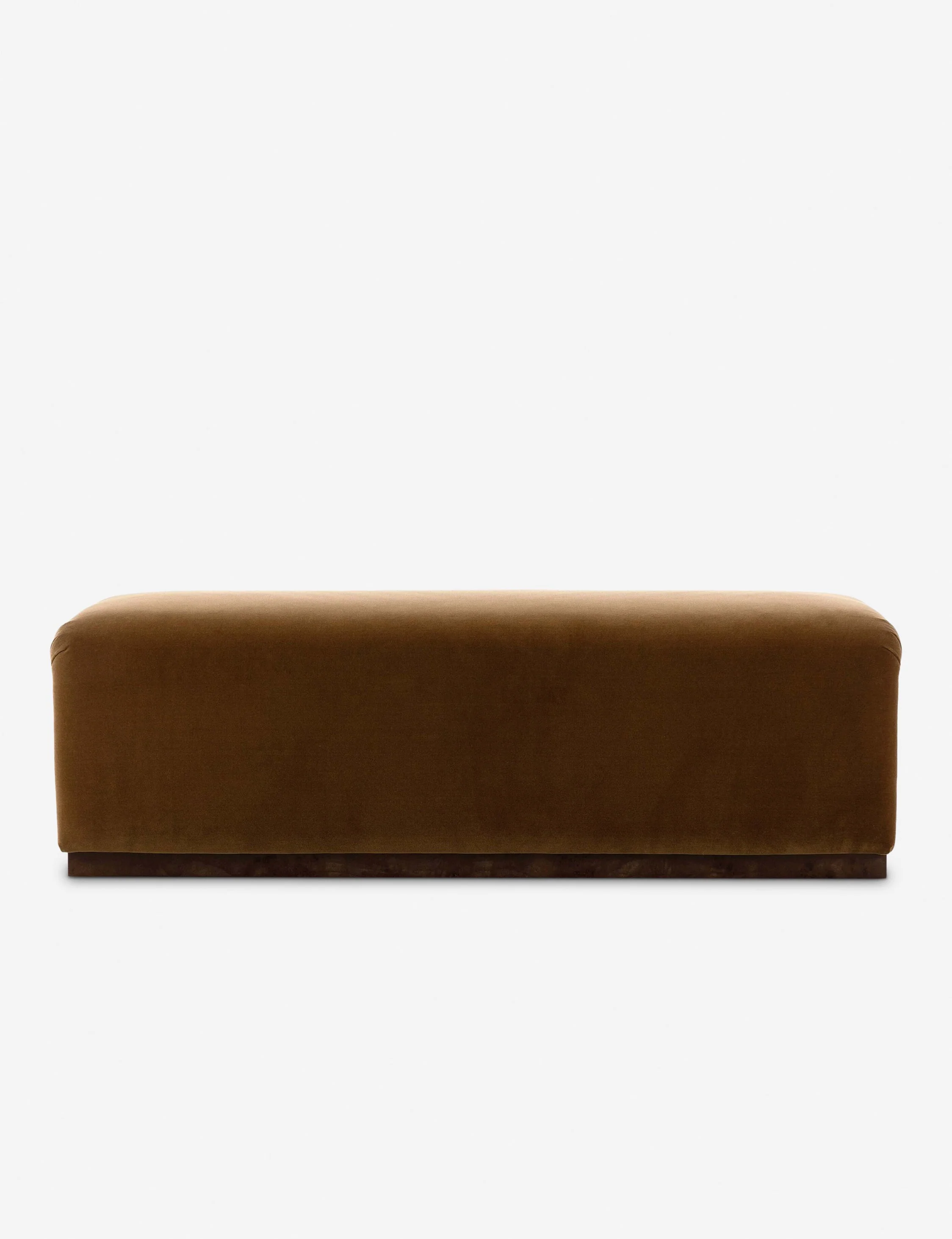 Bench - A deep mustard velvet and dark-stained burl wood give the accent bench its rich, luxurious look