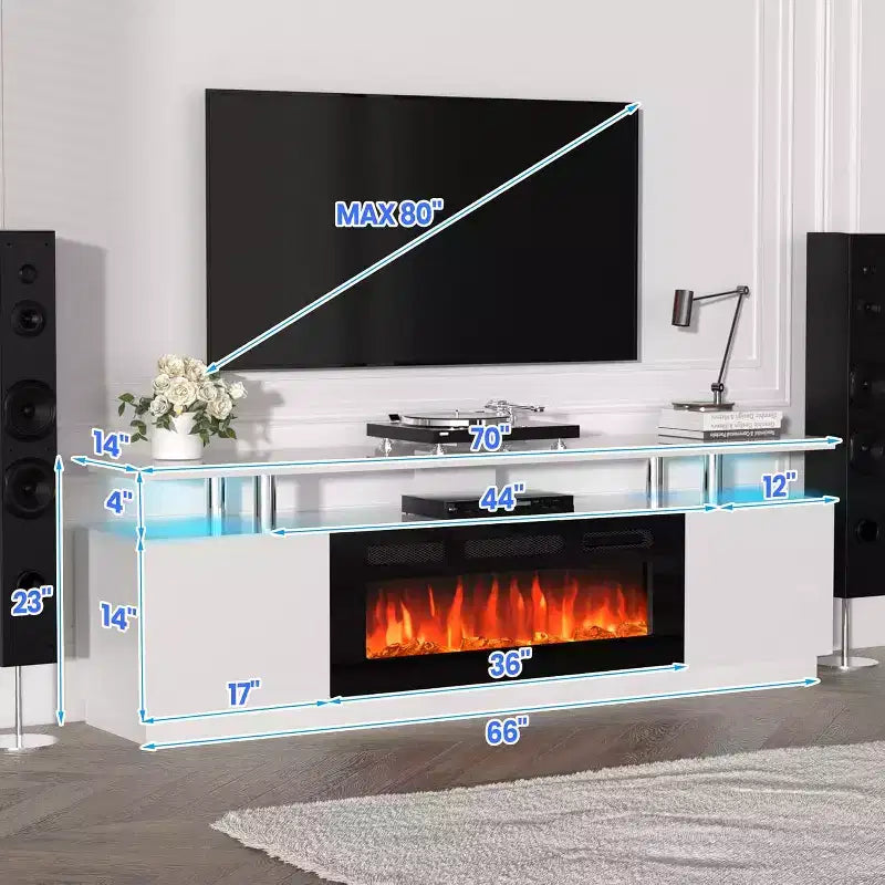 70 Fireplace TV Stand with 36 Electric Fireplace and LED Light,Electric Fireplace Heater, Storage Cabinet, Media Console Table for Living Room