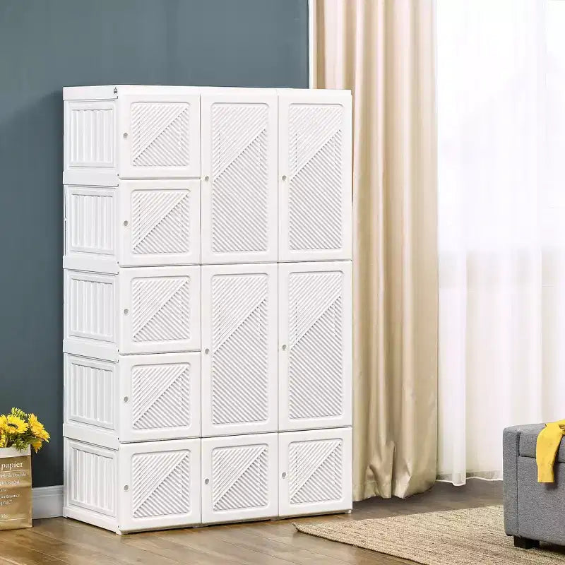 Portable Wardrobe Closet, Folding Clothes Storage Organizer with 8 Cube Compartments, 2 Hanging Rods, 11 Magnet Doors