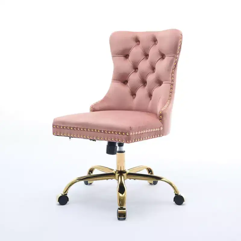 Adjustable Desk Chair Swivel Office Chair, Modern Velvet Upholstered Tufted Button Home Office Chair with Golden Metal Base, Pink