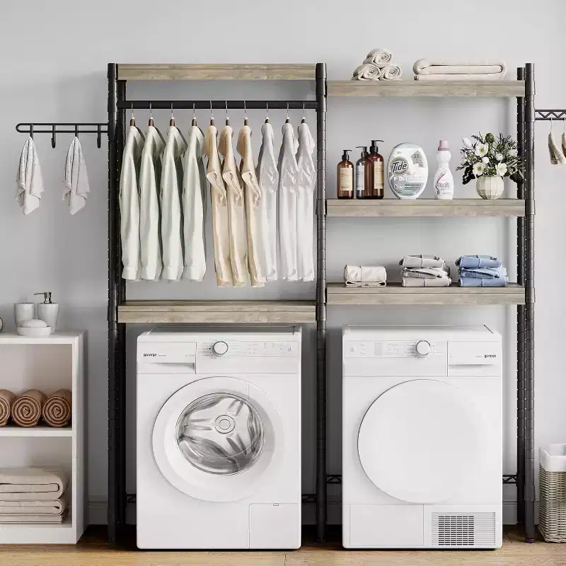 Over The Washer Shelf, 5 Tier Adjustable Height Laundry Room Organizer with Hanger Rod & Hooks, Dryer Storage Shelf