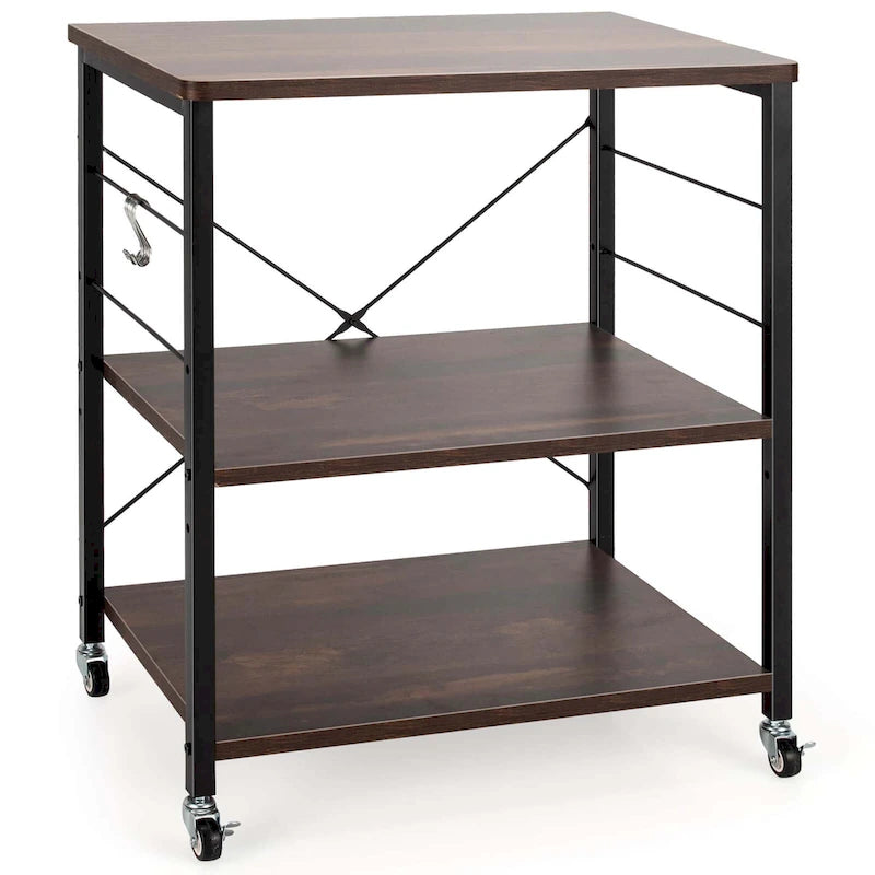 3-Tier Kitchen Baker's Rack Microwave Oven Storage Cart with Side Hooks & Casters