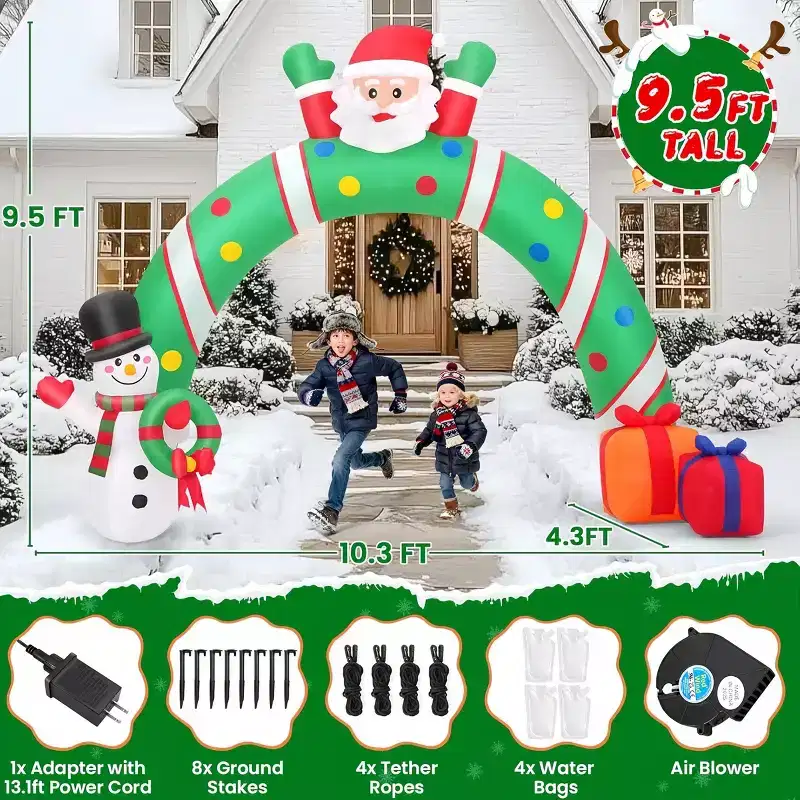 HOMDOX 10.3  4.3  9.5 FT Christmas Inflatables Giant Blow Up Santa Claus Welcome Arch with Snowman & Gift Box Built-in Cross LED Lighting Effect