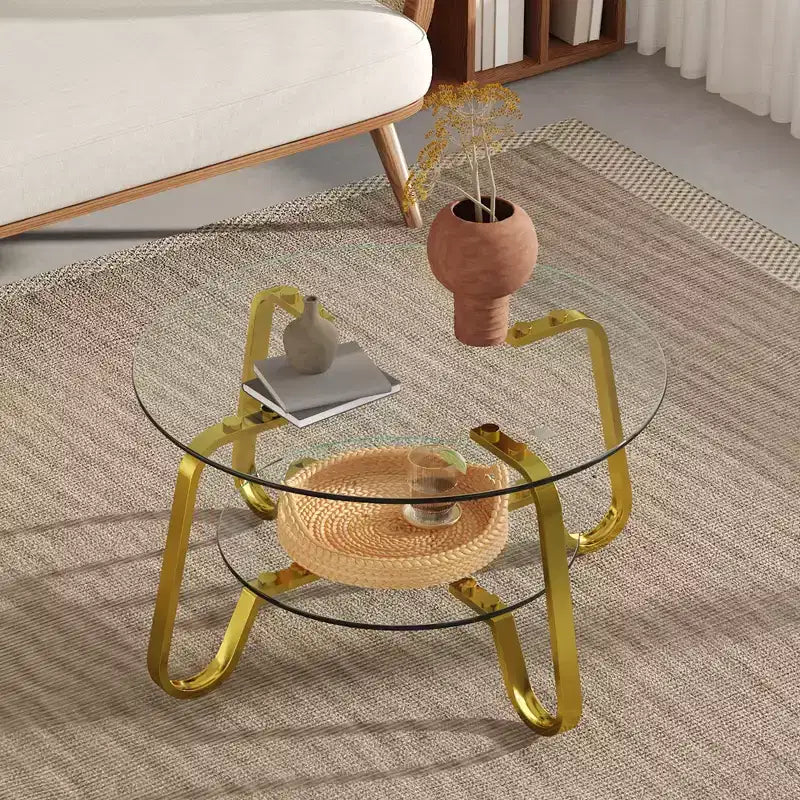 Retro Minimalist Metal Frame Coffee Table with Double Tempered Glass Layers, Size 31.5x31.5x17.7 Inches