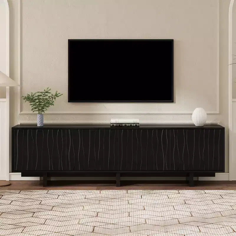 Whisen Retro Style Wood Grain TV Stand, Rustic Media Console, Sturdy Base TV Cabinet with Wavy Door for TVs up to 75