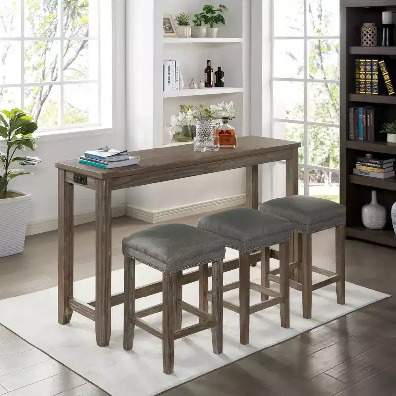 GDFStudio Wurtz 4-Piece Counter Height Dining Table Set with 3 Upholstered Stools, Nailhead Trim, USB Port