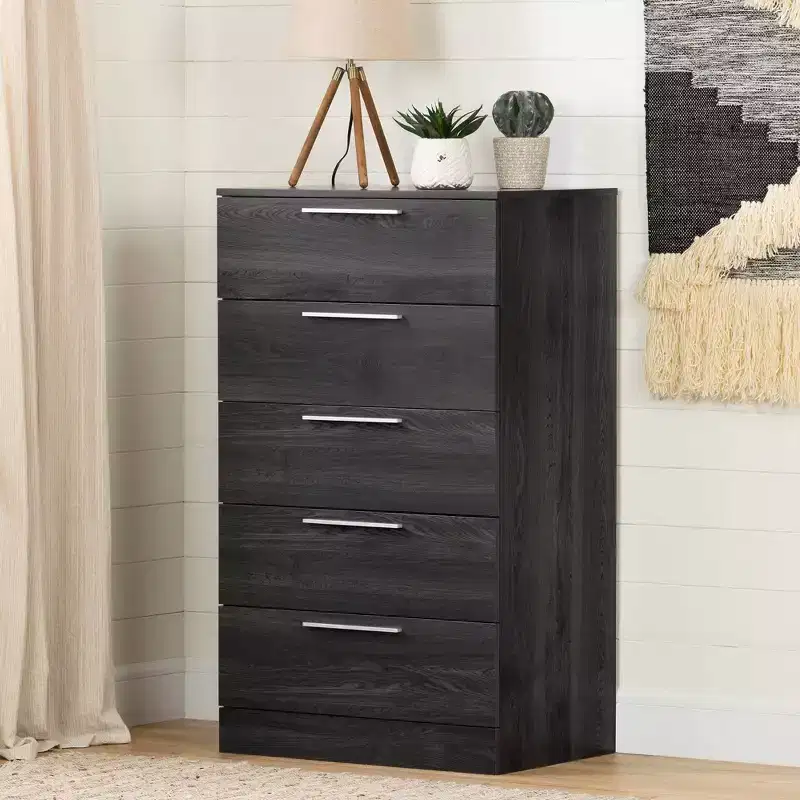 5-Drawer Chest Storage Unit, Weathered Oak, Particle Board Frame, Meets ASTM Safety Standards