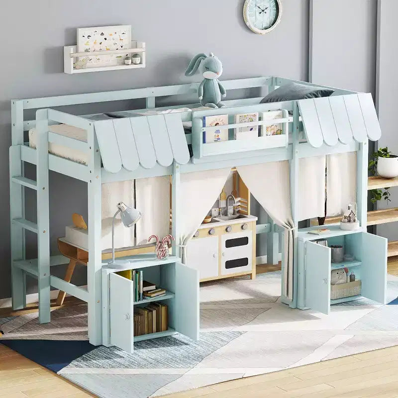 TUYOHW Kids Fairy-Tale Cottage Loft Bunk Bed with Curtain & Storage Shelf,Pine Wood Twin/Full Size House Bed with Built-in Bookshelf & Play Space