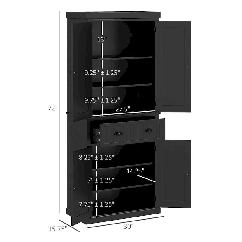 72 Kitchen Pantry Storage Cabinet, Traditional Freestanding Cabinet with 4 Doors and 3 Adjustable Shelves, Large Central Drawer