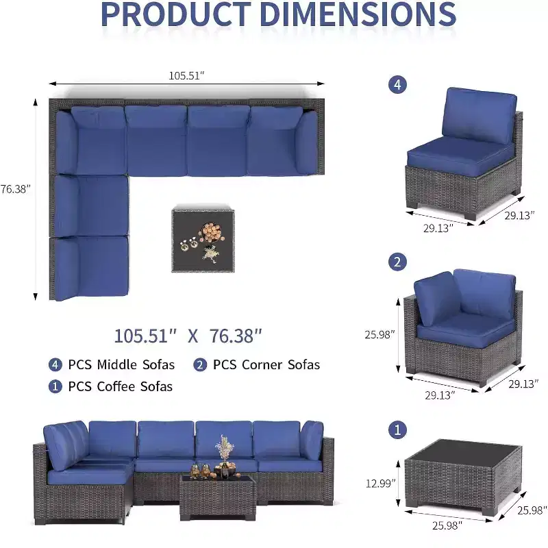 Acekool 7-Piece Patio Furniture Set, Wicker Sectional Sofa with Coffee Table & Cushions, Outdoor Modular Couch