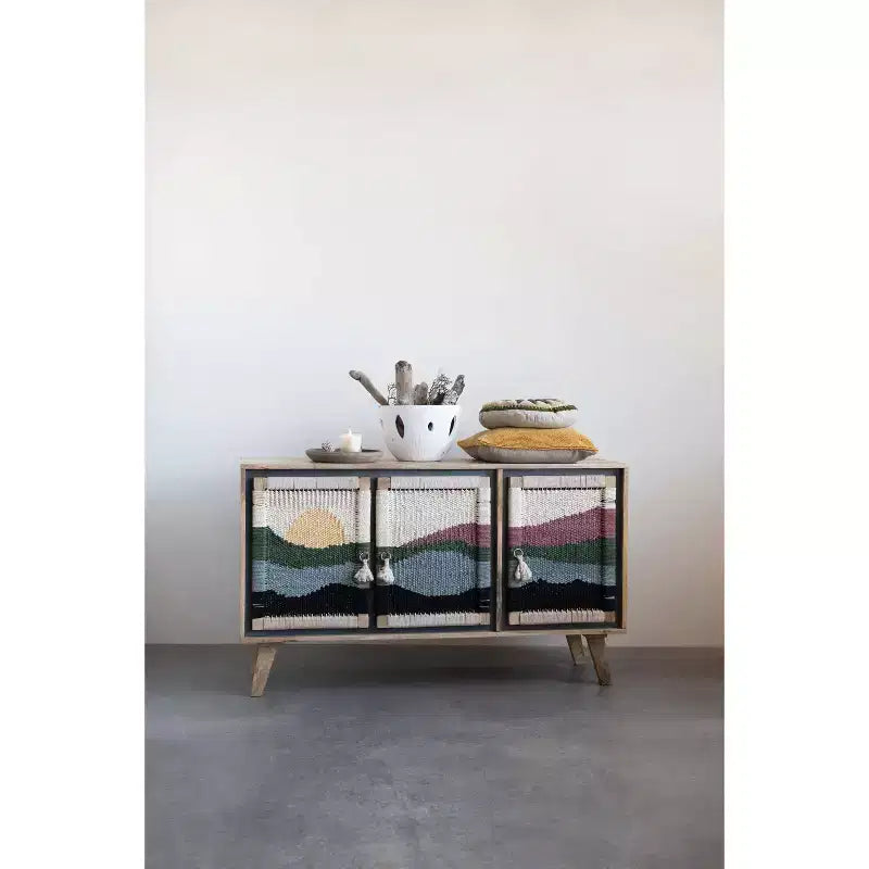 Storied Home Mango Wood Console Cream Pattern: Woven Rope Doors, Divided Storage, No Tools Assembly
