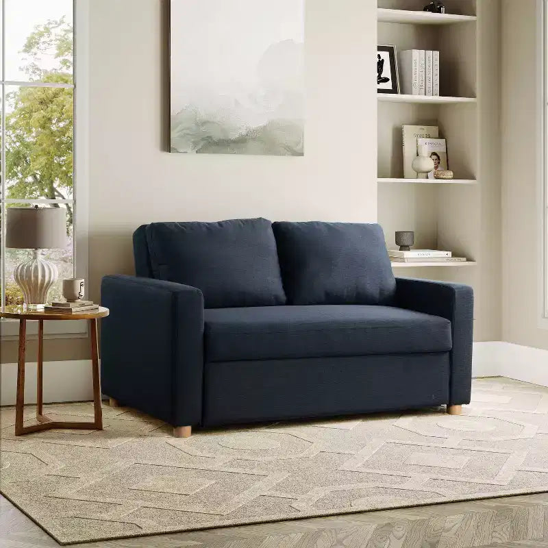 Serta Aurora Convertible Sofa Navy Woven: Lounger & Full Bed, Pocket Coil Cushions, Rubberwood Legs