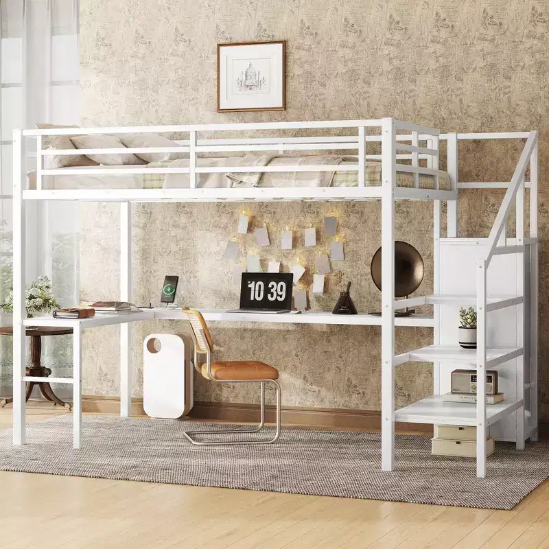 Full Size Loft Bed with L-shaped Desk and USB Metal Loft Bed with Wardrobe and Adjustable Shelf White