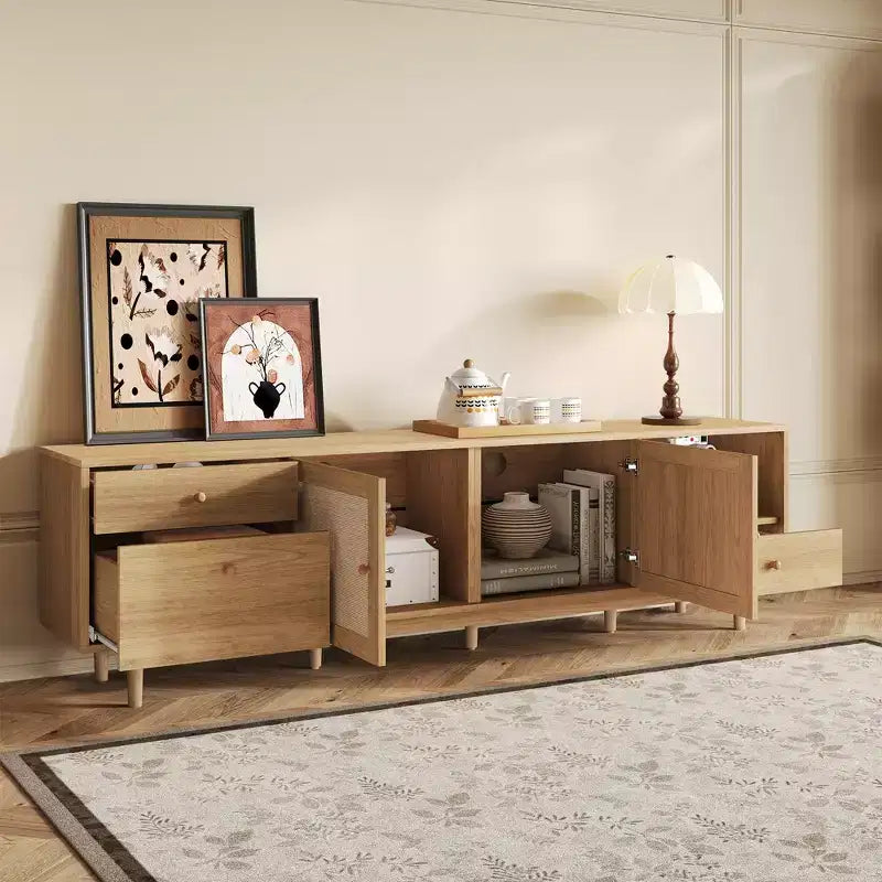 Boho TV Stand for TVs up to 85, TV Console Media Console TV Cabinet with Rattan Doors, Brown - ModernLuxe