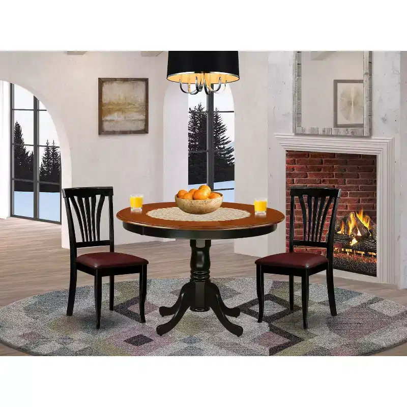 HomeStock 3-Piece Round Black and Cherry Finish Solid Wood Top Dining Table with 2 Chairs