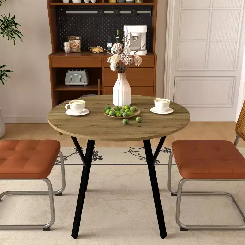 Farmhouse Round Dining Table for 2-4, Modern Wood Kitchen Table with Metal Legs for Dining Room, Living Room, or Office