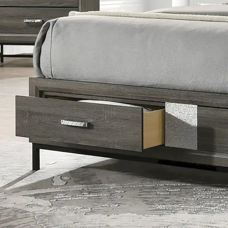 Modern Grey Storage Platform Bed with Chevron Headboard and Footboard Drawers