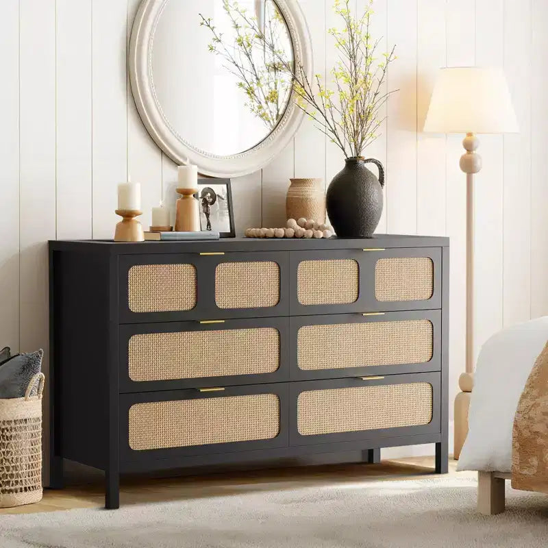 6 Drawer Dresser for Bedroom, 47 Wide Rattan Chest of Drawers with Metal Handles, Wooden Closet Drawer TV Stand, Dresser Organizer