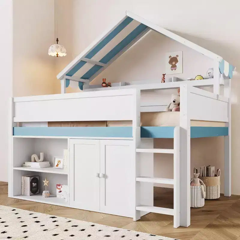 Whisen Full Size Loft Bed, House-Inspired Design with Canopy Roof and Storage Cabinet