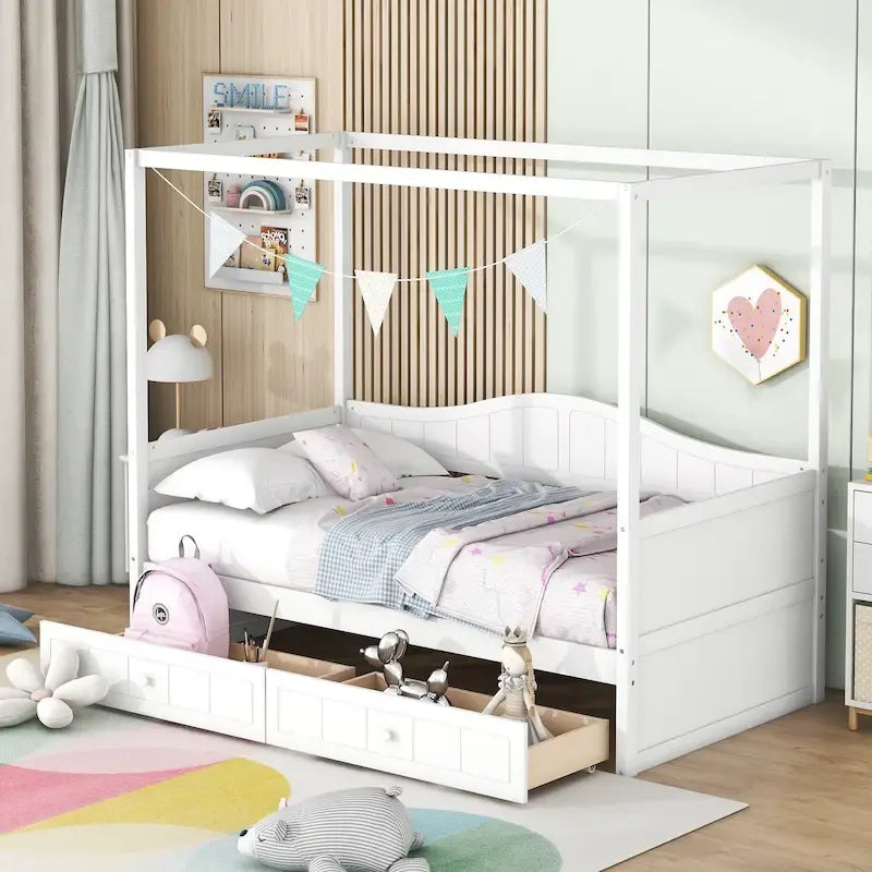 Twin Size Wood Canopy Day Bed with 2 Drawers