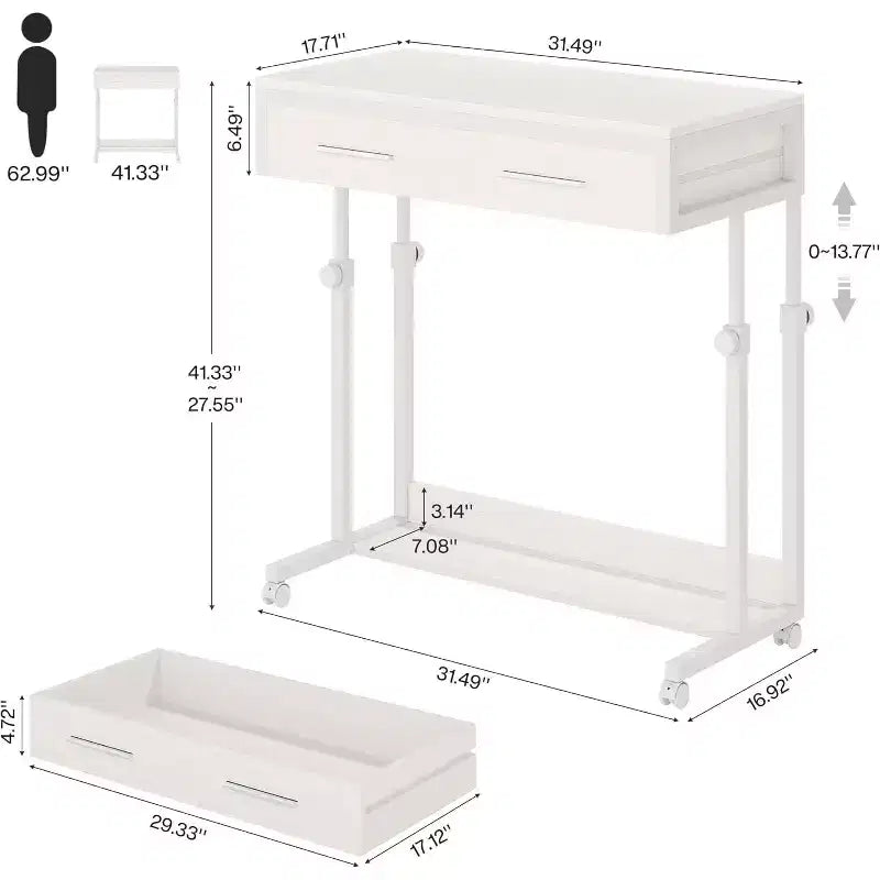 Lantine Portable Desk with Drawers, Mobile Laptop Desk with Wheels, Sofa Side Table Bed Desks, Small Standing Desk for Home Office (White)