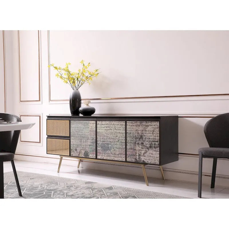 Modern Bohemian Smoked Ash & Brass Buffet Cabinet