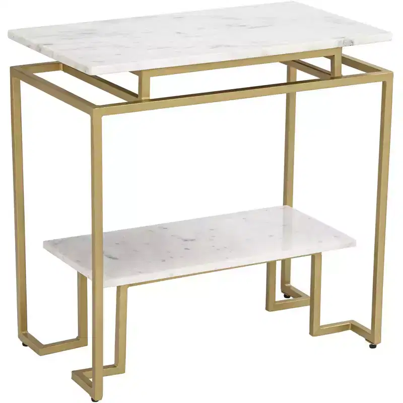 Coast to Coast Accents Modern Burnished Gold Rectangular Accent Table 24 x 14 White Marble Tabletop with Shelf for Living Room