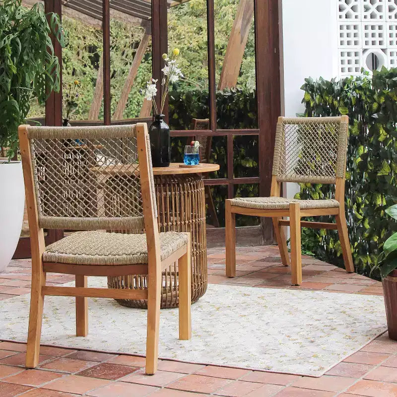 Sonoma Lane Eola 2pc Teak Outdoor Dining Chairs Honey Twist Wicker - Weather-Resistant, Armless Design