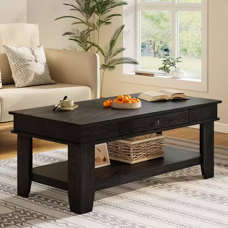 Rectangular Coffee Table with Drawer and Open Shelf, Rustic Center Table for Living Room, Stable Four-Leg Structure, Easy to Clean Surface