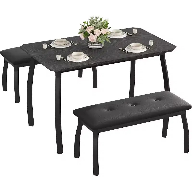 3-Piece Dining Table Set, Rectangular Wooden Kitchen Table with 2 Upholstered Benches, Space-Saving Farmhouse Dinette Set