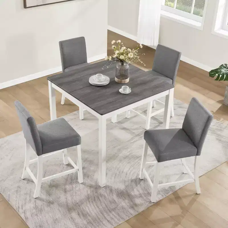 GDFStudio Roseanne 5 Piece Modern Rubberwood Counter Height Dining Table Set with 4 Linen Upholstered Chairs