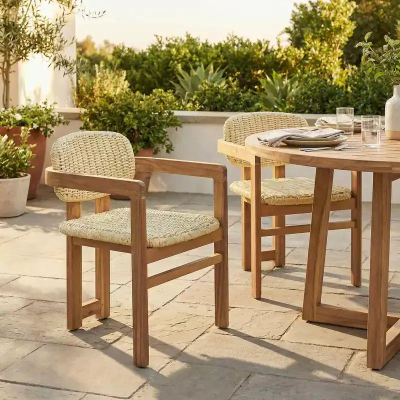 ModernLuxe Set of 2 Outdoor Woven Rattan Accent Chairs, Acacia Wood Frame Dining Chairs, Ergonomic Patio Chairs for Garden/Balcony, Natural