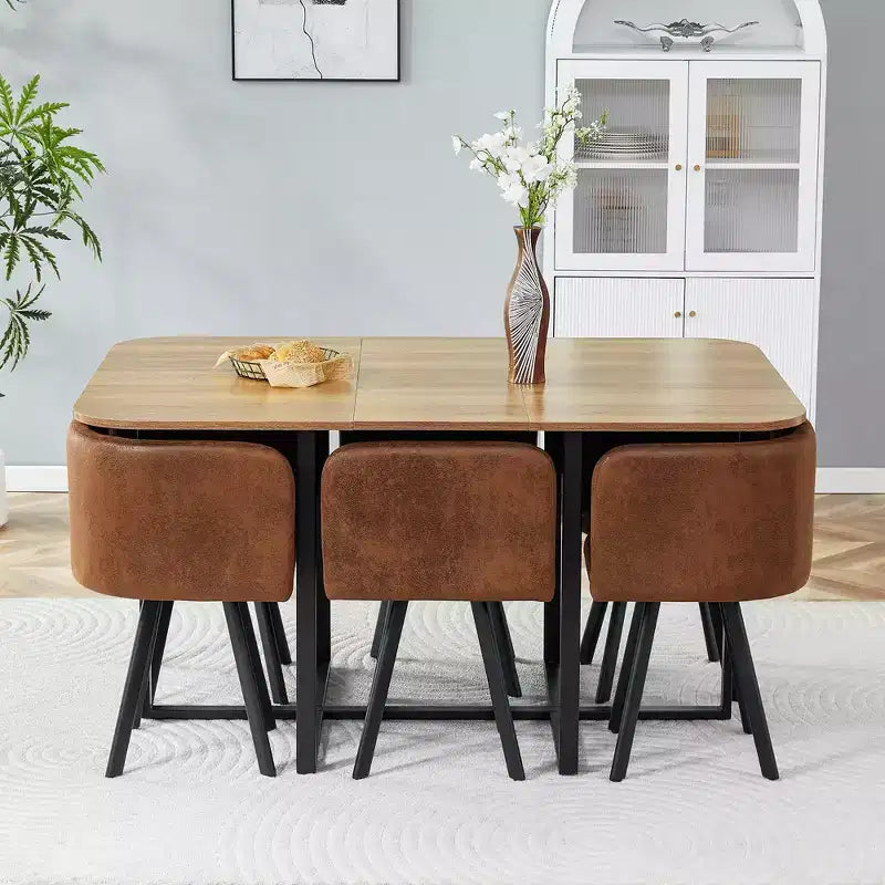 GDFStudio Mauricio Modern 7 Piece Metal Faux Leather Upholstered Dining Set with Wooden Table