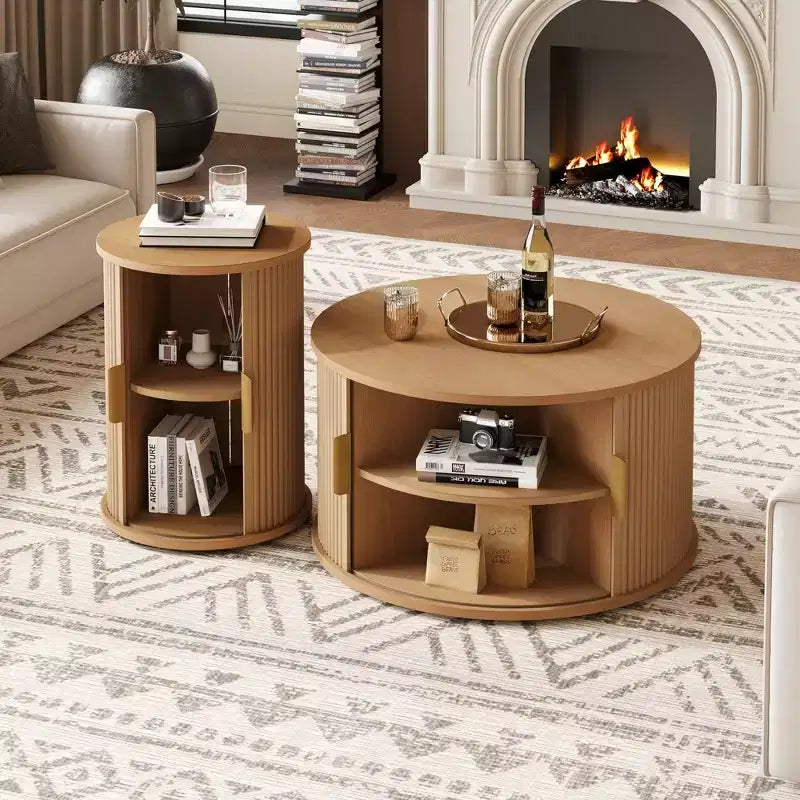 Medieval Style Coffee Table with Sliding Roller Shutters, Round Groove Storage Side Table, Gold Handles, for Living Room, Natural Color