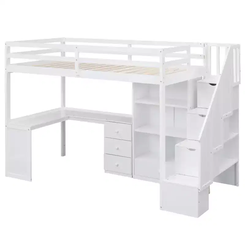 Twin Size Loft Bed with L-Shaped Desk, 3 Drawers, Cabinet, Staircase Storage, Solid Pine/MDF Build