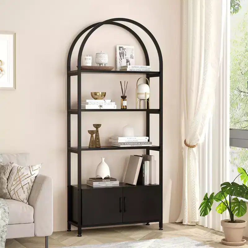 Arched Bookshelf, Bookcase w/Doors Storage, 71 Inches Tall Industrial Book Shelf with Sturdy Metal Frame, Freestanding Display Shelving Unit