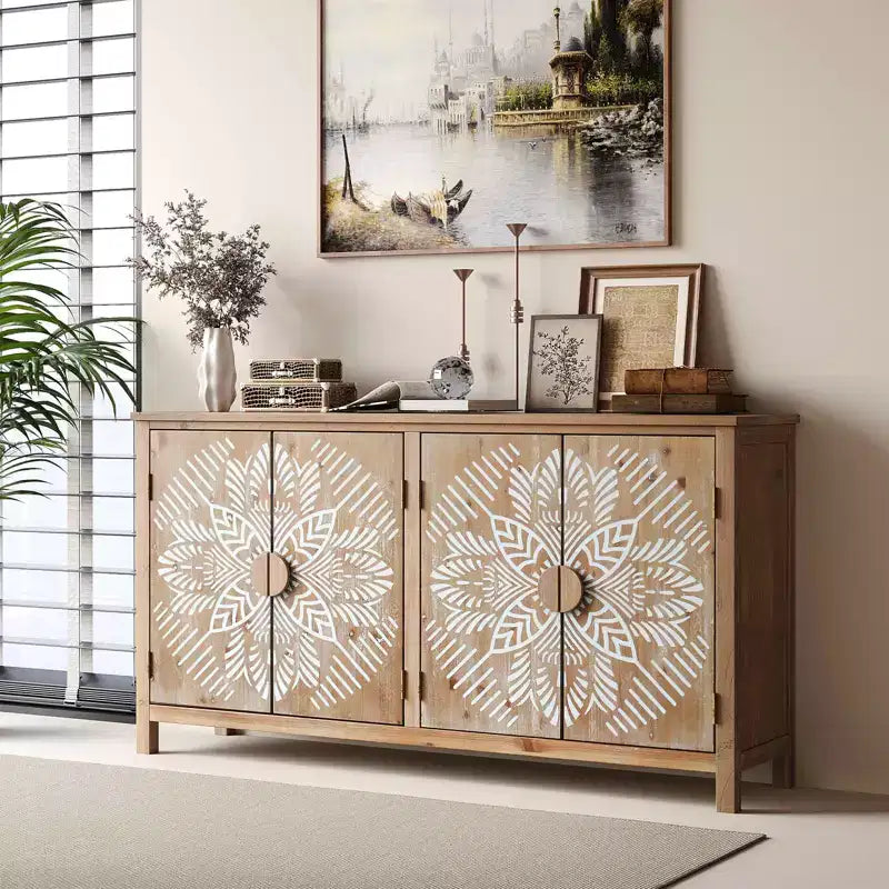 MAYEERTY 60 Wood Accent Cabinet with 4 Doors Brown and Antique White Modern Pantry Cabinet for Living Room Bedroom