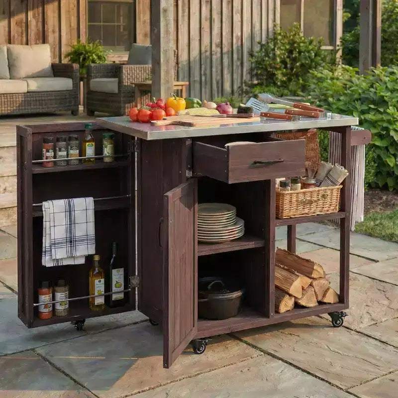 GDFStudio Tony Outdoor Kitchen Island Fir Wood Prep Station with Stainless Steel Top