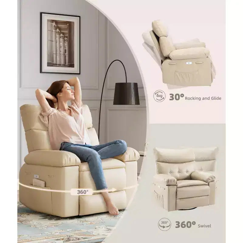 Extra-large massage and heated rocking chair, 360 rotating recliner, with remote control, cup holder and side pockets, ergonomically designed.