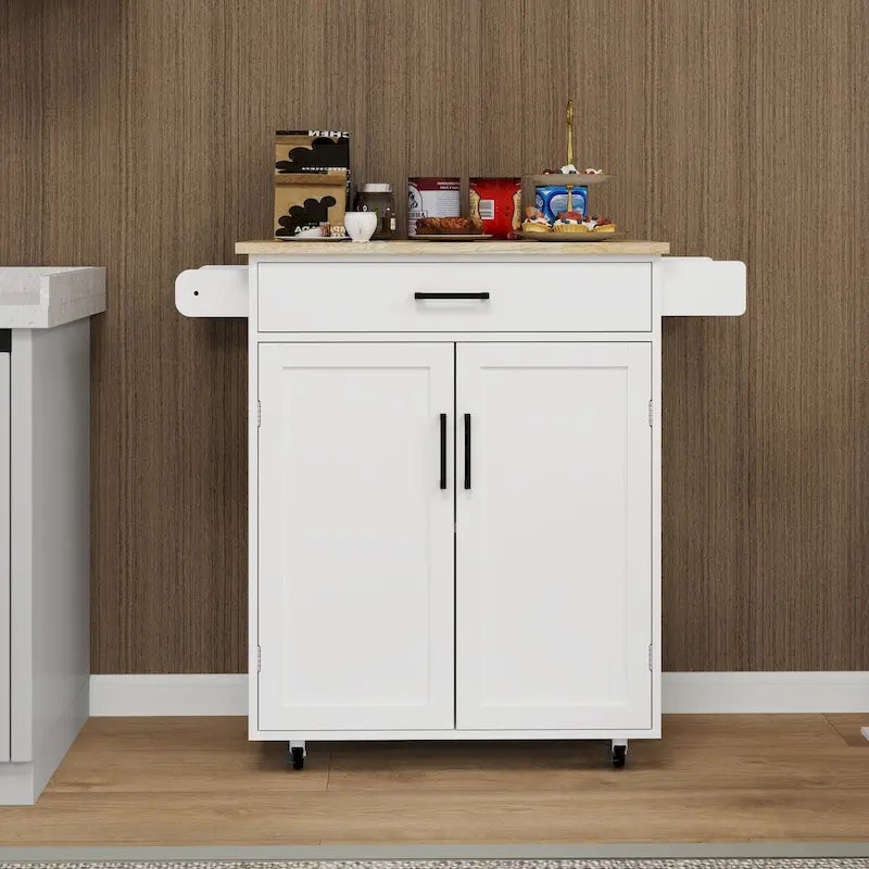 White Rolling Kitchen Island Cart with Drawer Doors and Towel Rack
